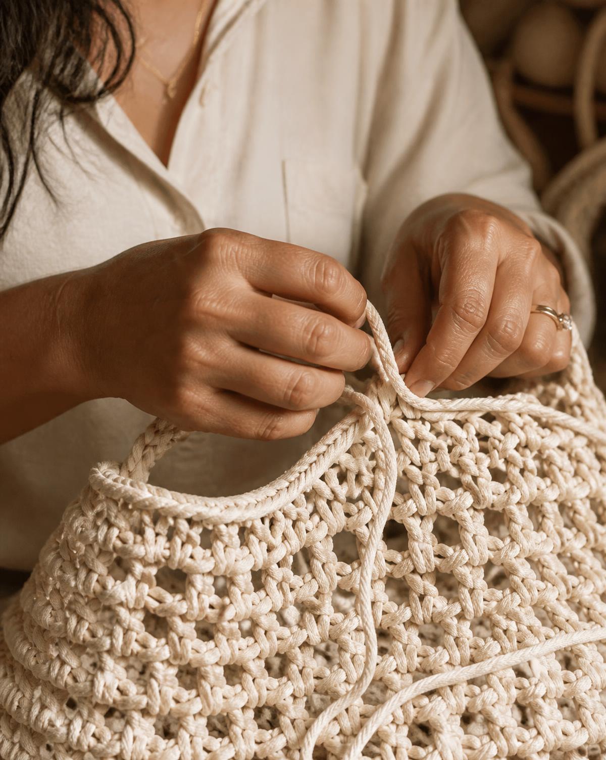 Artisan hands weaving a cream cord bag