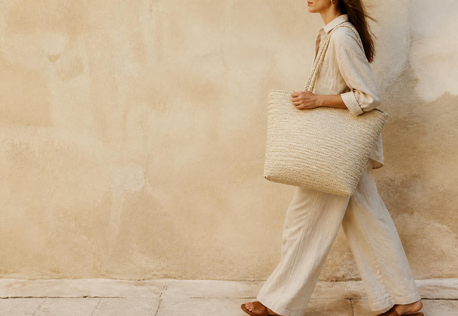 Woman carrying a handwoven Knotela tote in warm daylight